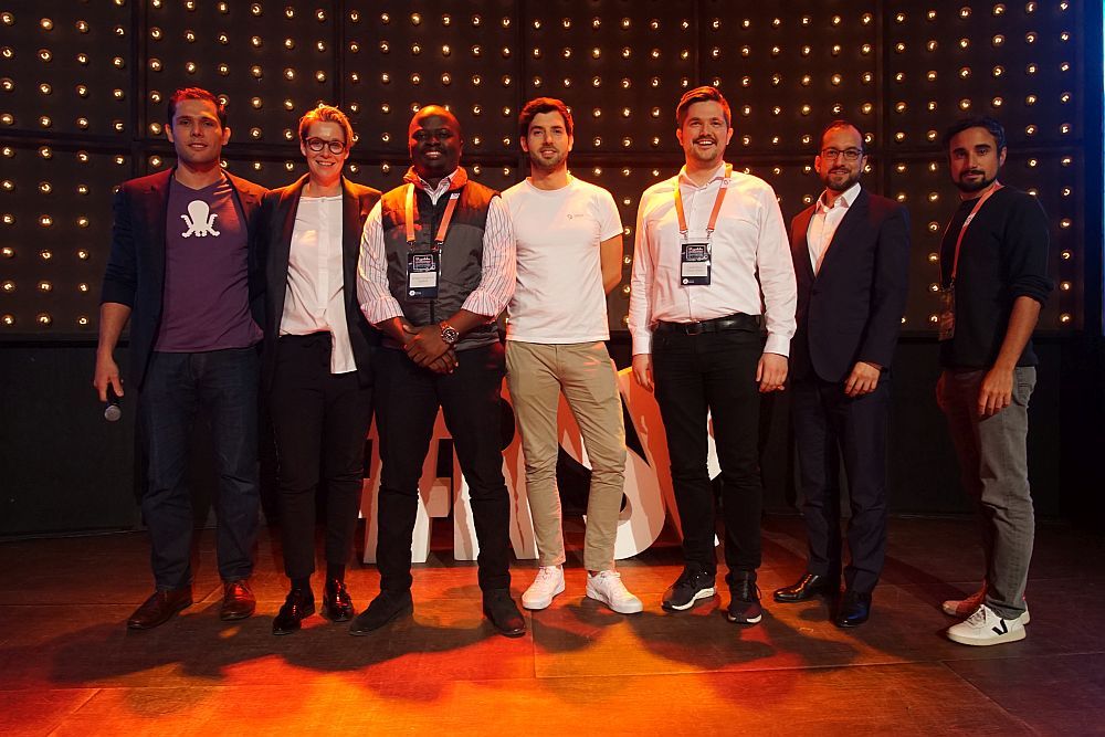 Startup Stage Logistics & Mobility: Philipp Thyben (Pulpo WMS), Miriam Kröger (Next Logistics Accelerator/Jury), Kingsly Kongnyuh Kwalar (Optimiz), Michael Hötte (Sirum), Jakob Muus (Tracks), Niels Wiecker (BWVI/Jury) und Maurice Kügler (High-Tech Gründerfonds/Jury).