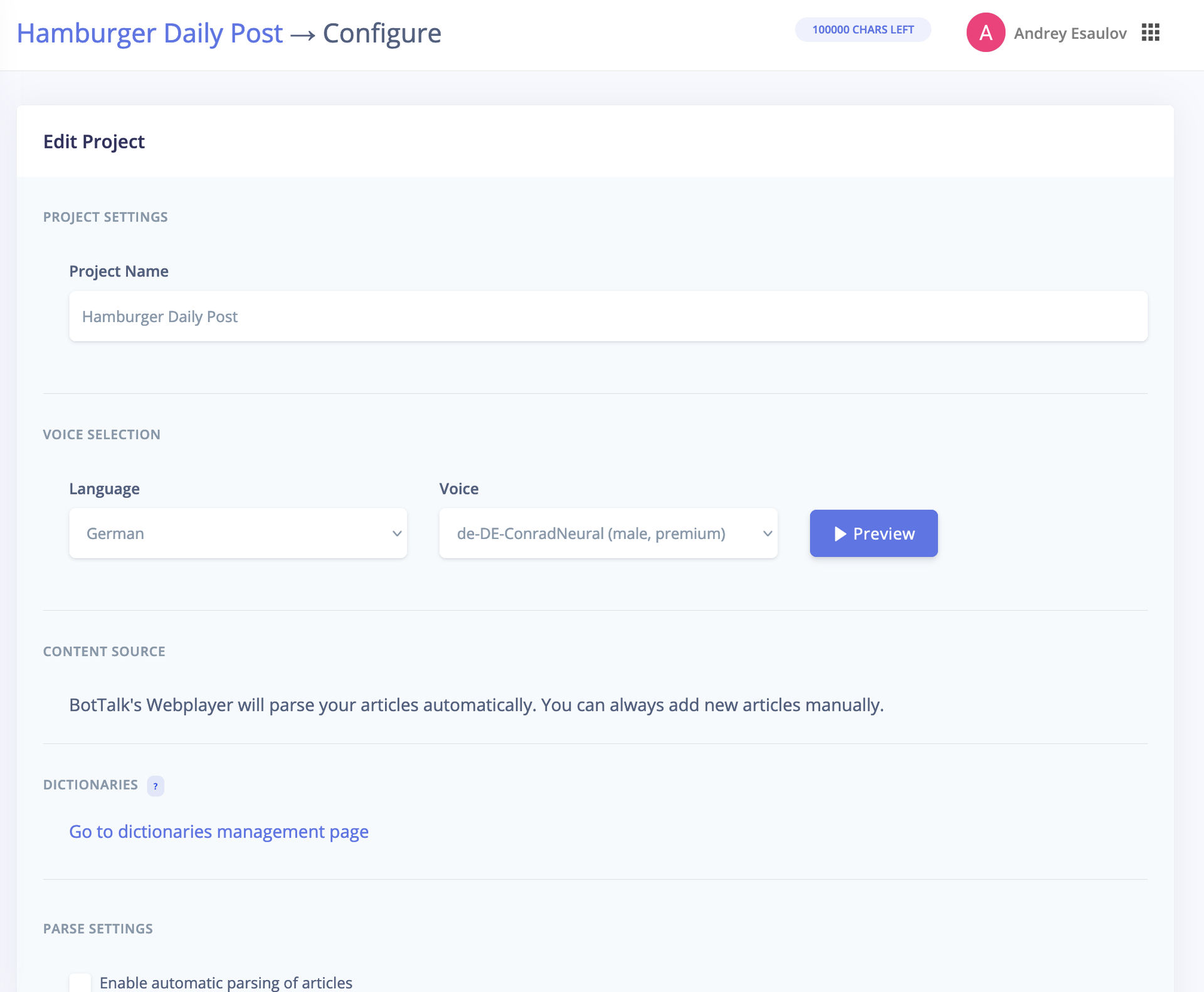 Project Configuration - BotTalk Audio CMS
